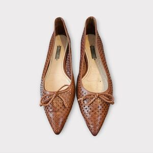 Prada Brown Perforated Pointed-Toe Leather Flats